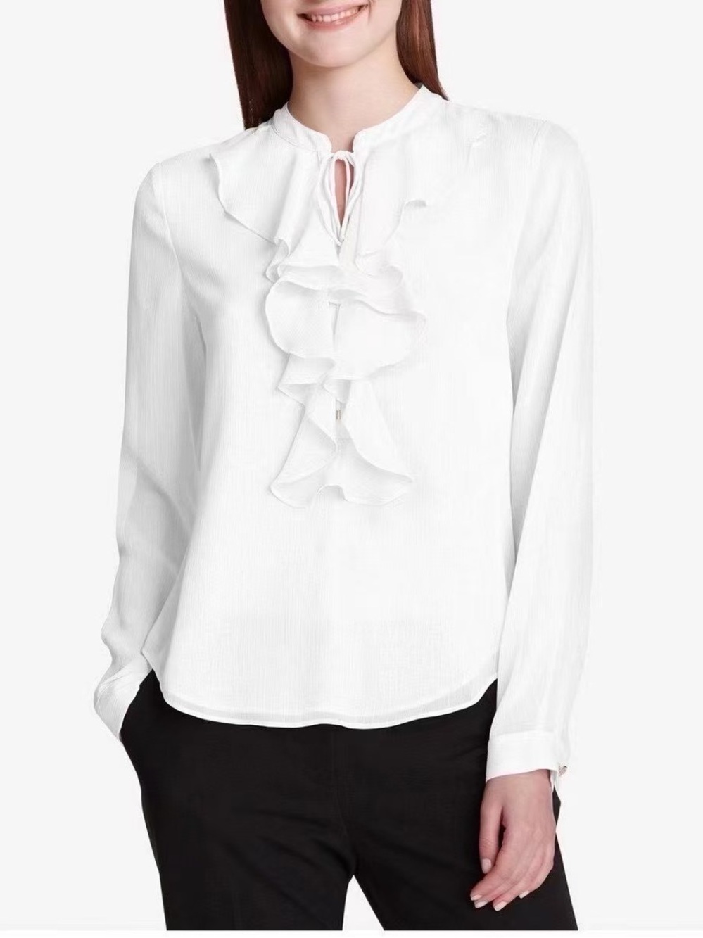 Tommy Hilfiger White Ruffle Front Long-Sleeve Blouse Women XL